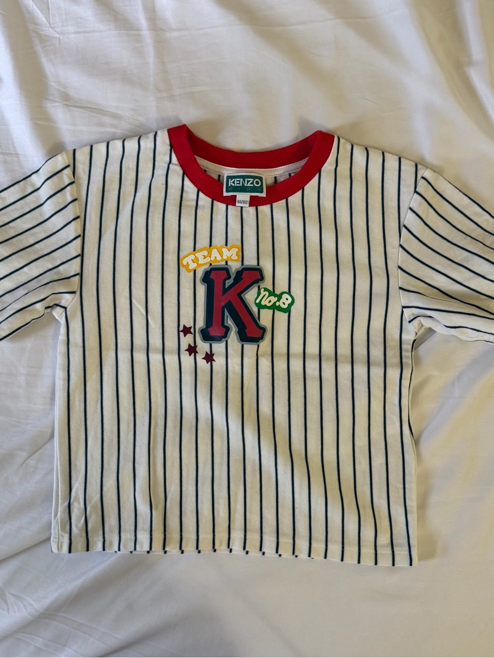 Kenzo Kids White Navy Pinstripe Tee with Red Trim & Multicolor 'K' Patch